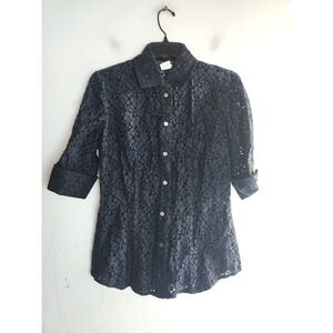Roberta Scarpa Women Navy Blue Floral Lace Darted Button Down Blouse size 8